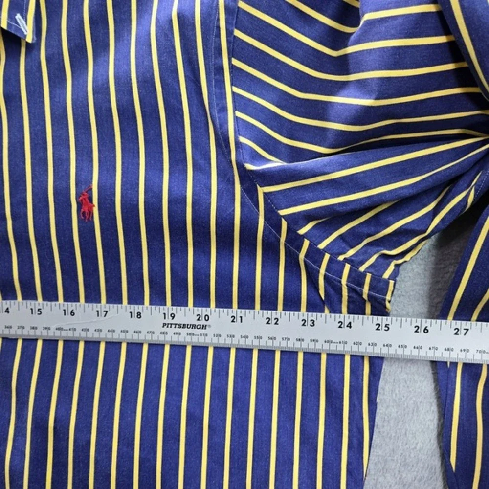 Ralph Lauren Men Button Up Shirt L‎ Blue Polo Player Embroidery Striped Long